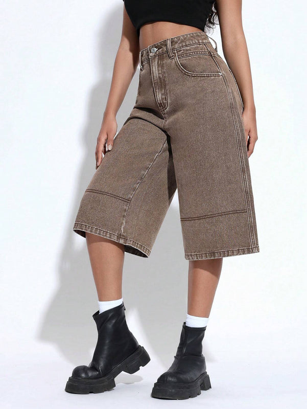 EZwear Jeans anchos de pierna corta y corte suelto para mujer con bolsillos