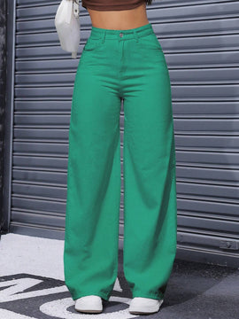 Jeans casuales de pierna ancha en unicolor con diseno de botones y bolsillos