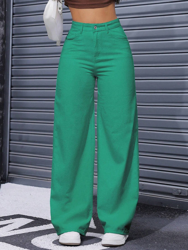 Jeans casuales de pierna ancha en unicolor con diseno de botones y bolsillos