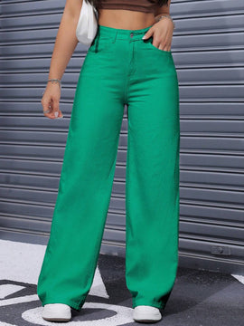Jeans casuales de pierna ancha en unicolor con diseno de botones y bolsillos