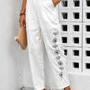 Lune pantalones largos de lino casual con estampado de flores para mujer