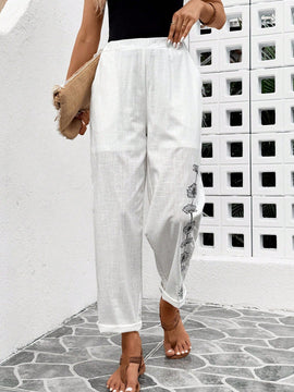 Lune pantalones largos de lino casual con estampado de flores para mujer