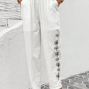 Lune pantalones largos de lino casual con estampado de flores para mujer