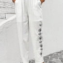 LUNE Pantalones largos casuales de mujer con estampado de flores de lino y algodon
