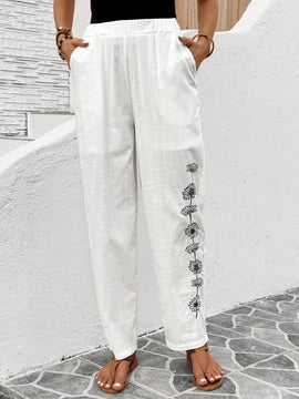 LUNE Pantalones largos casuales de mujer con estampado de flores de lino y algodon