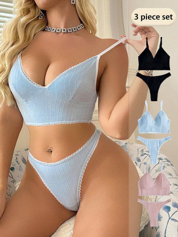 Ropa interior elegante y comoda para mujer con rayas huecas, tangas, conjunto de 3 piezas en colores surtidos