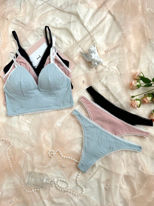 Ropa interior elegante y comoda para mujer con rayas huecas, tangas, conjunto de 3 piezas en colores surtidos