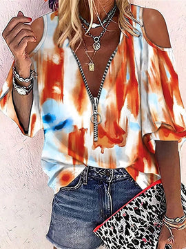 Camisa casual de verano con cremallera, estampado de tie-dye y detalle de huecos