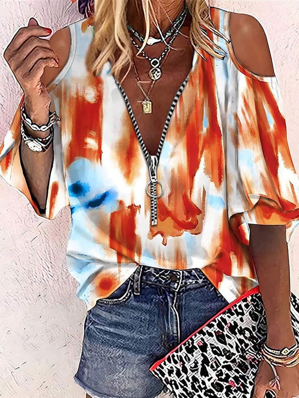 Camisa casual de verano con cremallera, estampado de tie-dye y detalle de huecos