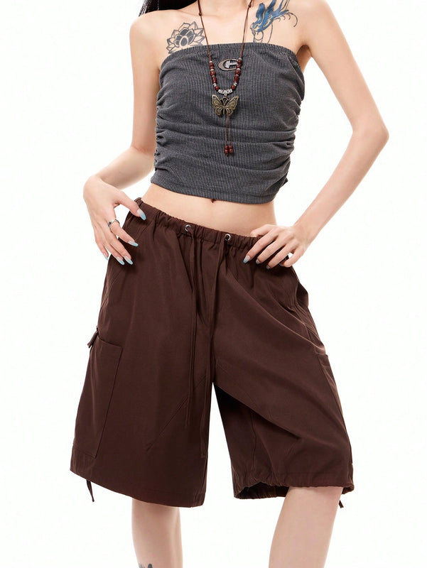 Coolane Pantalones cortos de trabajo holgados y frescos de estilo callejero para mujer con cintura baja, piernas anchas, bolsillos laterales y entrepierna de 5 pulgadas