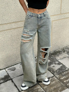ICON Jeans de mezclilla rasgados de moda diaria para mujer
