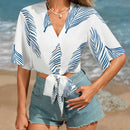 Camisa de playa de vacaciones para mujer, estampado de plantas con nudo y corte corto