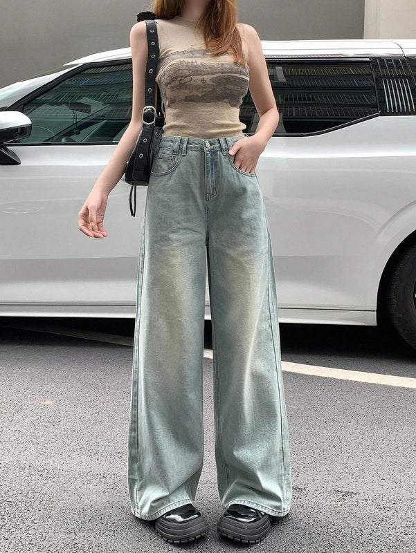 DAZY Pantalones de mezclilla casuales para mujer de ajuste holgado y pierna ancha hasta los siete puntos con bolsillos