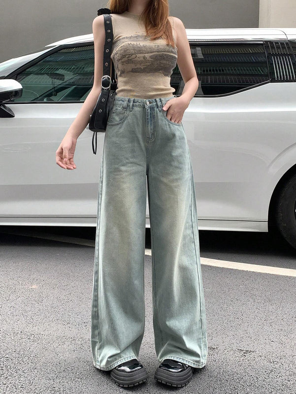 DAZY Pantalones de mezclilla casuales para mujer de ajuste holgado y pierna ancha hasta los siete puntos con bolsillos