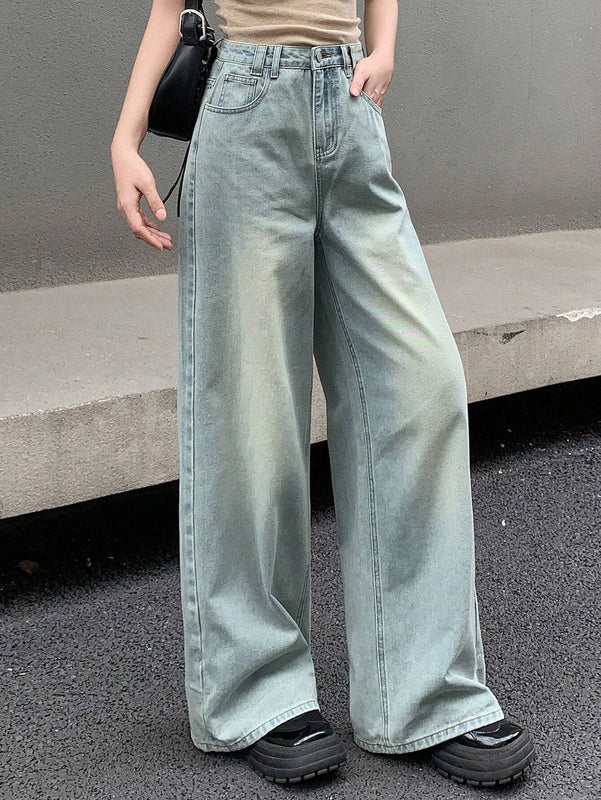 DAZY Pantalones de mezclilla casuales para mujer de ajuste holgado y pierna ancha hasta los siete puntos con bolsillos