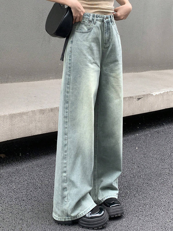 DAZY Pantalones de mezclilla casuales para mujer de ajuste holgado y pierna ancha hasta los siete puntos con bolsillos
