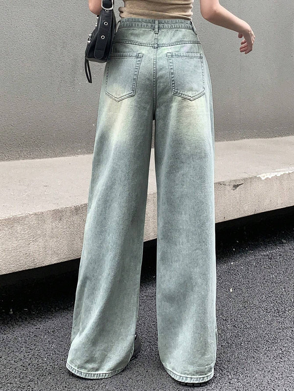 DAZY Pantalones de mezclilla casuales para mujer de ajuste holgado y pierna ancha hasta los siete puntos con bolsillos
