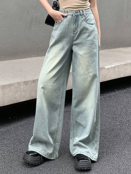 DAZY Pantalones de mezclilla casuales para mujer de ajuste holgado y pierna ancha hasta los siete puntos con bolsillos