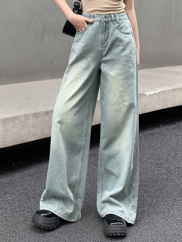 DAZY Pantalones de mezclilla casuales para mujer de ajuste holgado y pierna ancha hasta los siete puntos con bolsillos