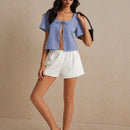 Frenchy Shorts de verano informales blancos para mujer, comodos, lindos, para estar en casa con cintura elastica y bordado de aberturas solido