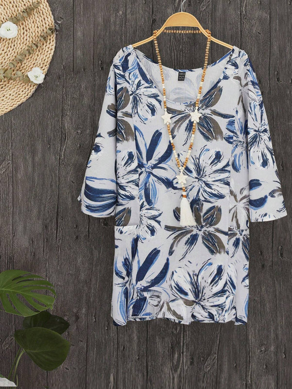 Camisa casual de verano con estampado floral, cuello en V y bolsillo