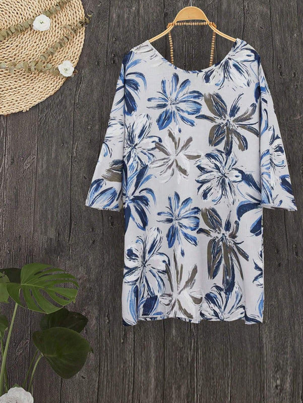Camisa casual de verano con estampado floral, cuello en V y bolsillo