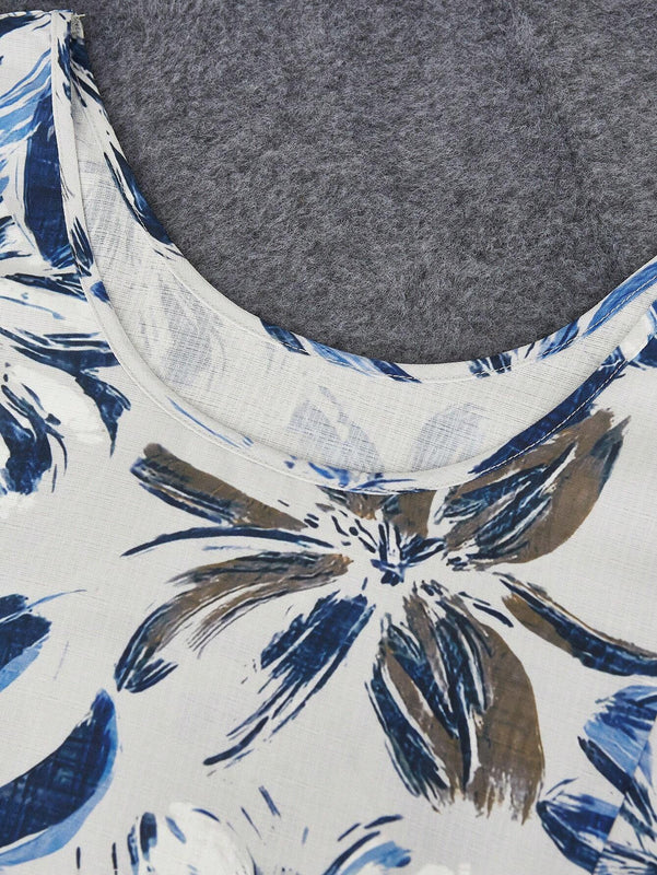 Camisa casual de verano con estampado floral, cuello en V y bolsillo