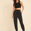 EZwear Pantalones zanahoria de rayas con bolsillo oblicuo de cintura con cordon