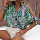 Blusa casual de vacaciones para mujer con escote en V profundo y hombros abiertos