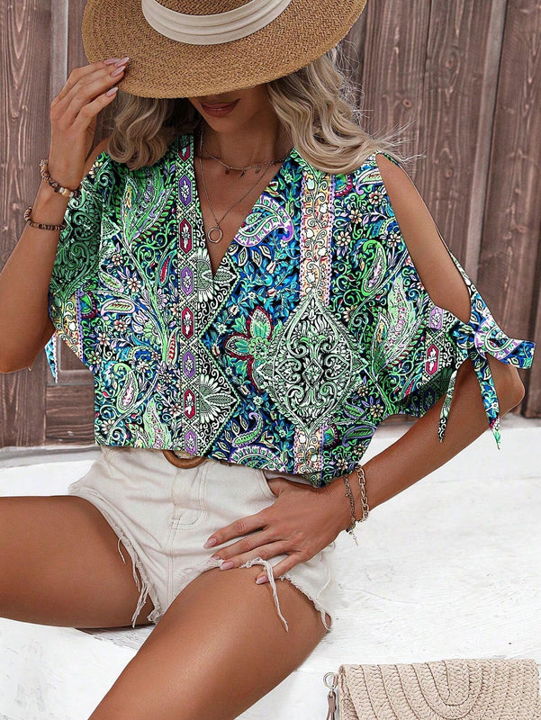 Blusa casual de vacaciones para mujer con escote en V profundo y hombros abiertos