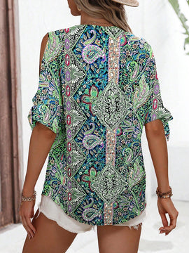 Blusa casual de vacaciones para mujer con escote en V profundo y hombros abiertos