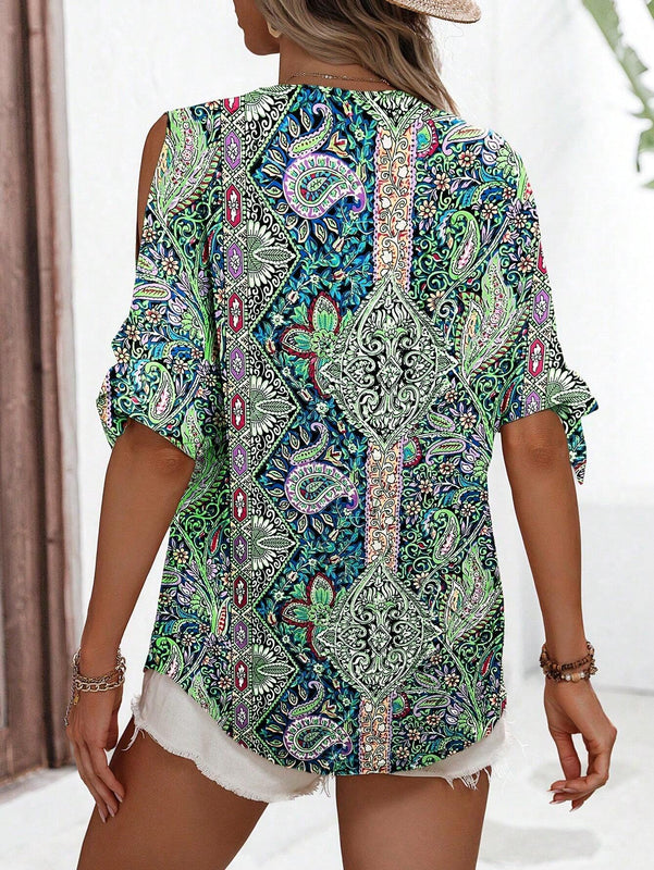 Blusa casual de vacaciones para mujer con escote en V profundo y hombros abiertos