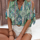 Blusa casual de vacaciones para mujer con escote en V profundo y hombros abiertos