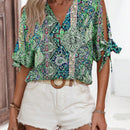 Blusa casual de vacaciones para mujer con escote en V profundo y hombros abiertos