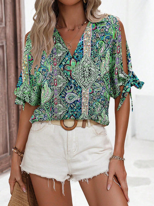 Blusa casual de vacaciones para mujer con escote en V profundo y hombros abiertos