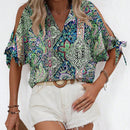 Blusa casual de vacaciones para mujer con escote en V profundo y hombros abiertos
