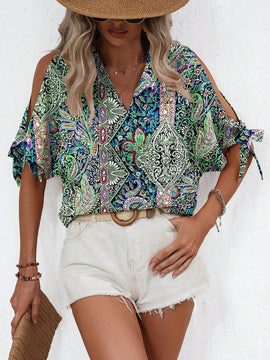Blusa casual de vacaciones para mujer con escote en V profundo y hombros abiertos