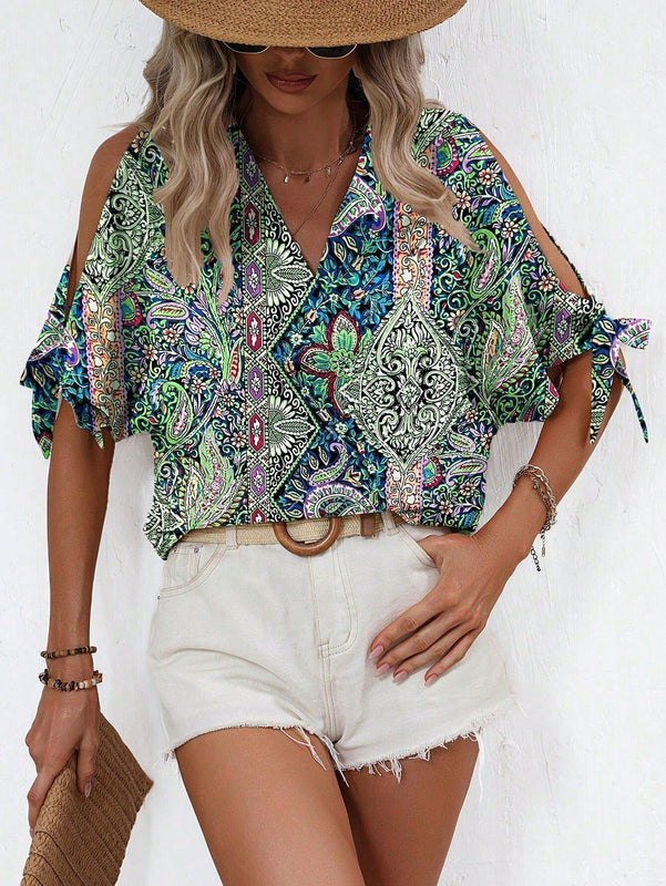 Blusa casual de vacaciones para mujer con escote en V profundo y hombros abiertos