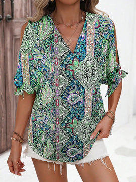 Blusa casual de vacaciones para mujer con escote en V profundo y hombros abiertos