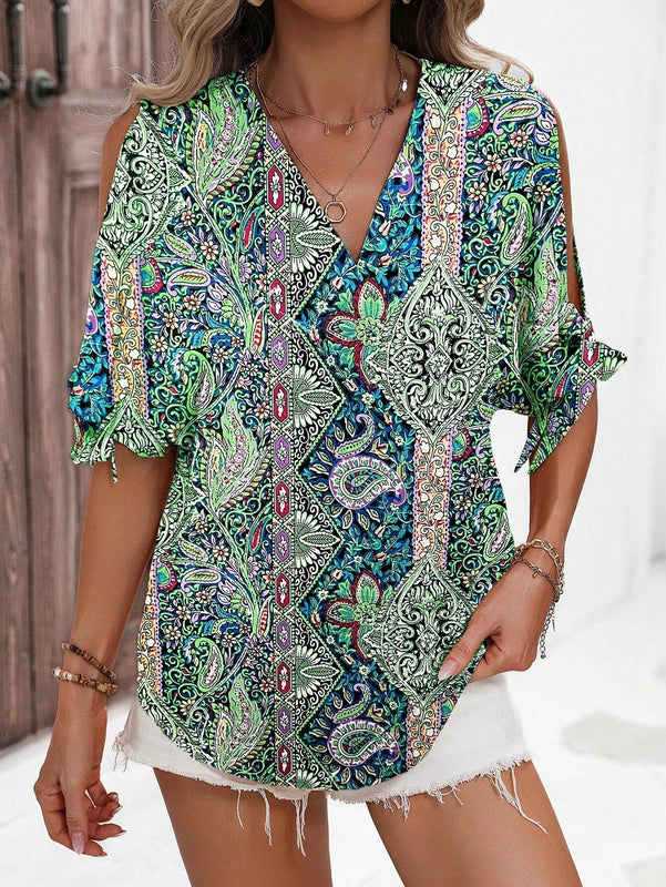Blusa casual de vacaciones para mujer con escote en V profundo y hombros abiertos