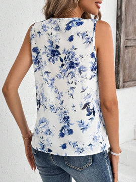 Blusa sin mangas con dobladillo de volantes y estampado floral para mujer con corte decorativo en el borde