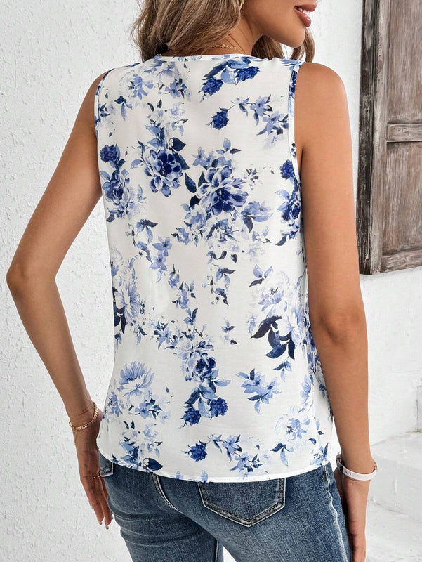 Blusa sin mangas con dobladillo de volantes y estampado floral para mujer con corte decorativo en el borde