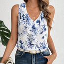 Blusa sin mangas con dobladillo de volantes y estampado floral para mujer con corte decorativo en el borde