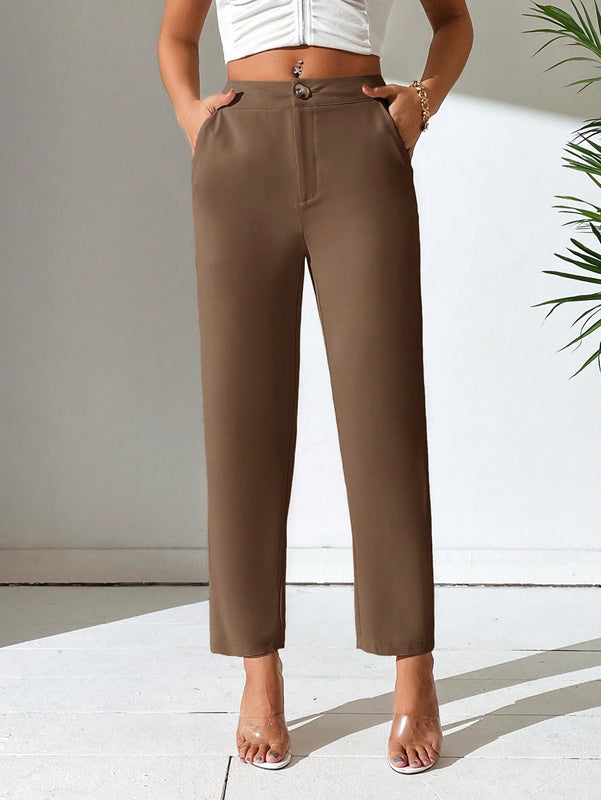 PETITE Pantalones solidos y sencillos con cintura alta y corte conico