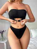 Conjunto de Brasier sin tirantes y ajustable con cierre de hebilla frontal y sin aros para mujer y tanga a Conjunto