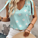 Essnce Camisa casual sin mangas para mujer con nudo en el hombro y estampado de margaritas, perfecta para el verano