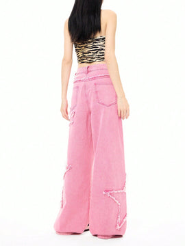 Coolane Jeans rectos y sueltos de estilo callejero para mujer con parches de estrellas bordados, combinalos con cualquier look de moda que desees