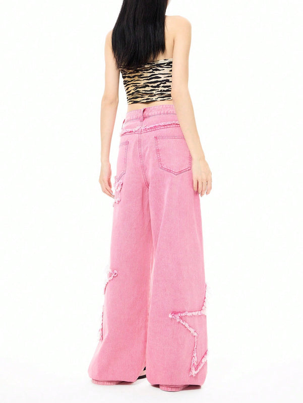Coolane Jeans rectos y sueltos de estilo callejero para mujer con parches de estrellas bordados, combinalos con cualquier look de moda que desees