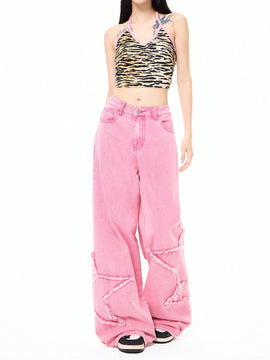 Coolane Jeans rectos y sueltos de estilo callejero para mujer con parches de estrellas bordados, combinalos con cualquier look de moda que desees