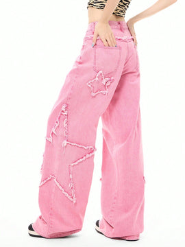 Coolane Jeans rectos y sueltos de estilo callejero para mujer con parches de estrellas bordados, combinalos con cualquier look de moda que desees